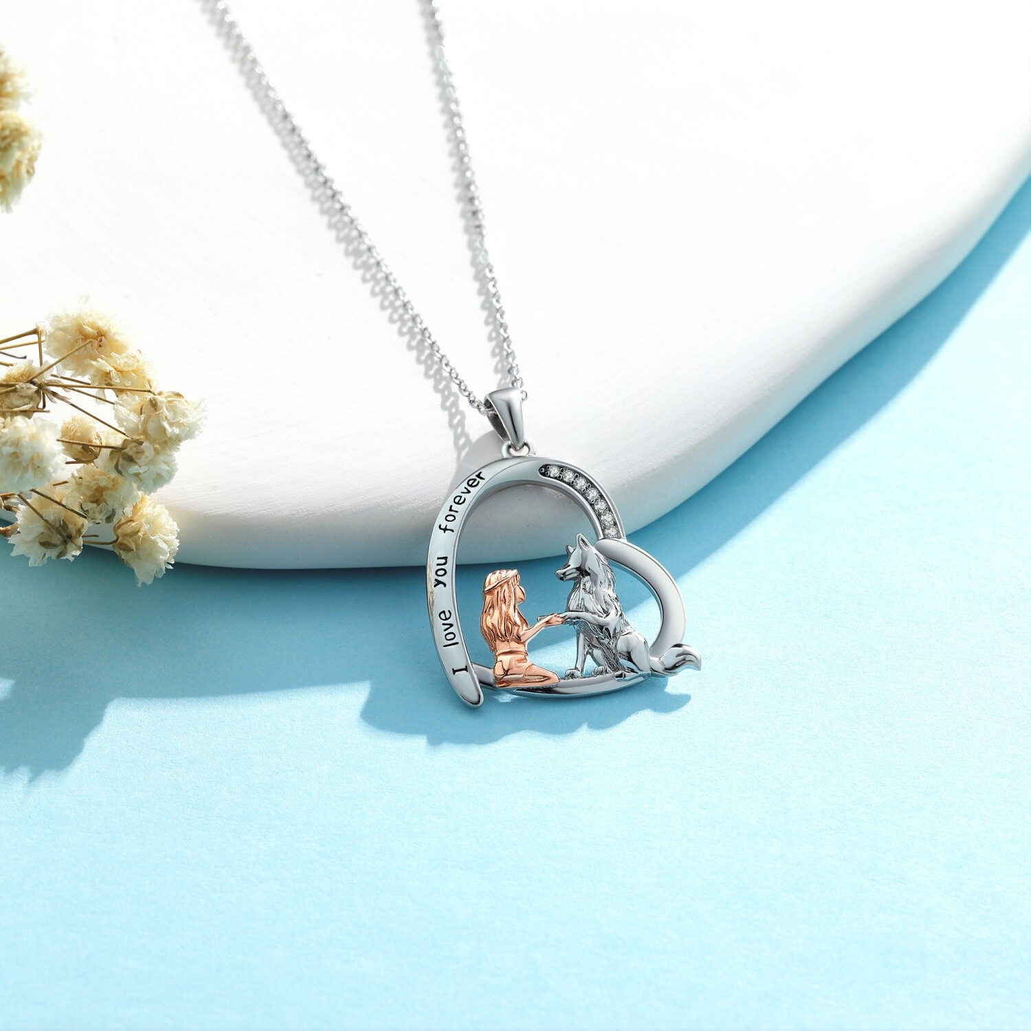925 Sterling Silver Wolf Necklace with Synthetic Zirconia